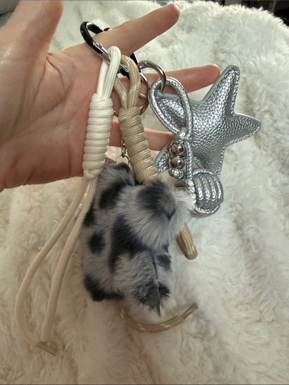 Faux Fur Pom Keychain with Silver Star Accent Bundle